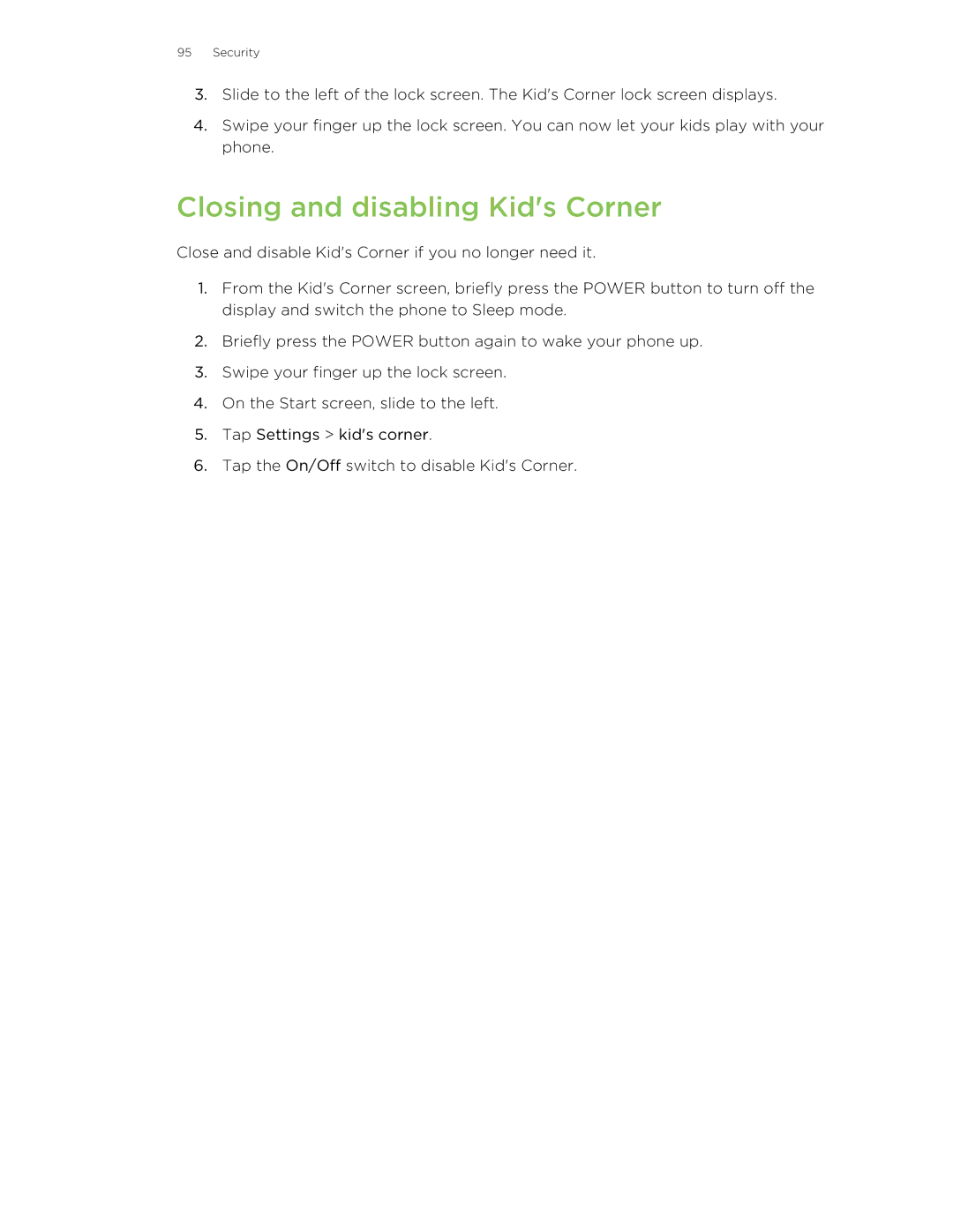 HTC 8S manual Closing and disabling Kids Corner 