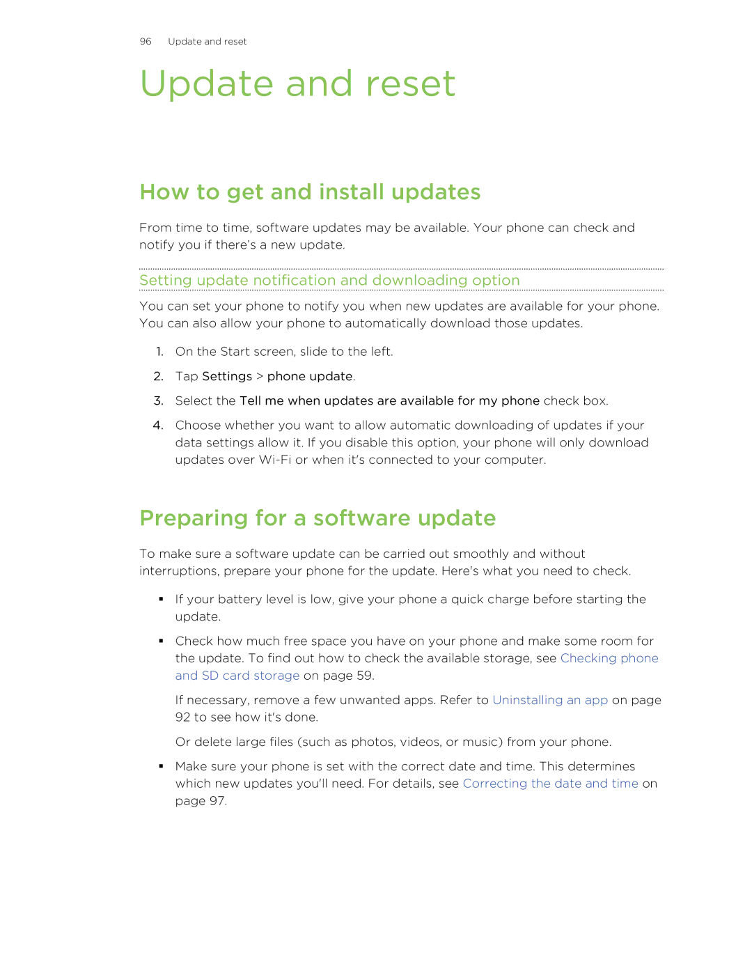 HTC 8S manual Update and reset, How to get and install updates, Preparing for a software update 