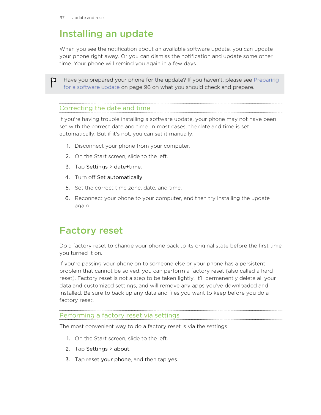 HTC 8S manual Installing an update, Factory reset, Correcting the date and time, Performing a factory reset via settings 