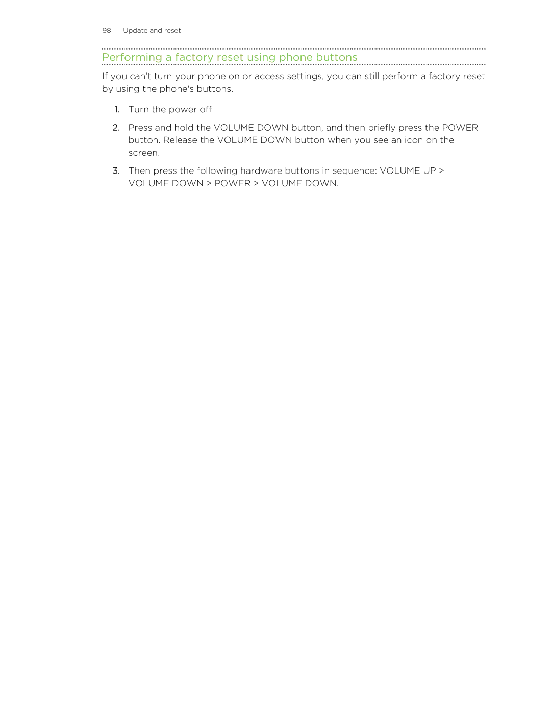 HTC 8S manual Performing a factory reset using phone buttons 