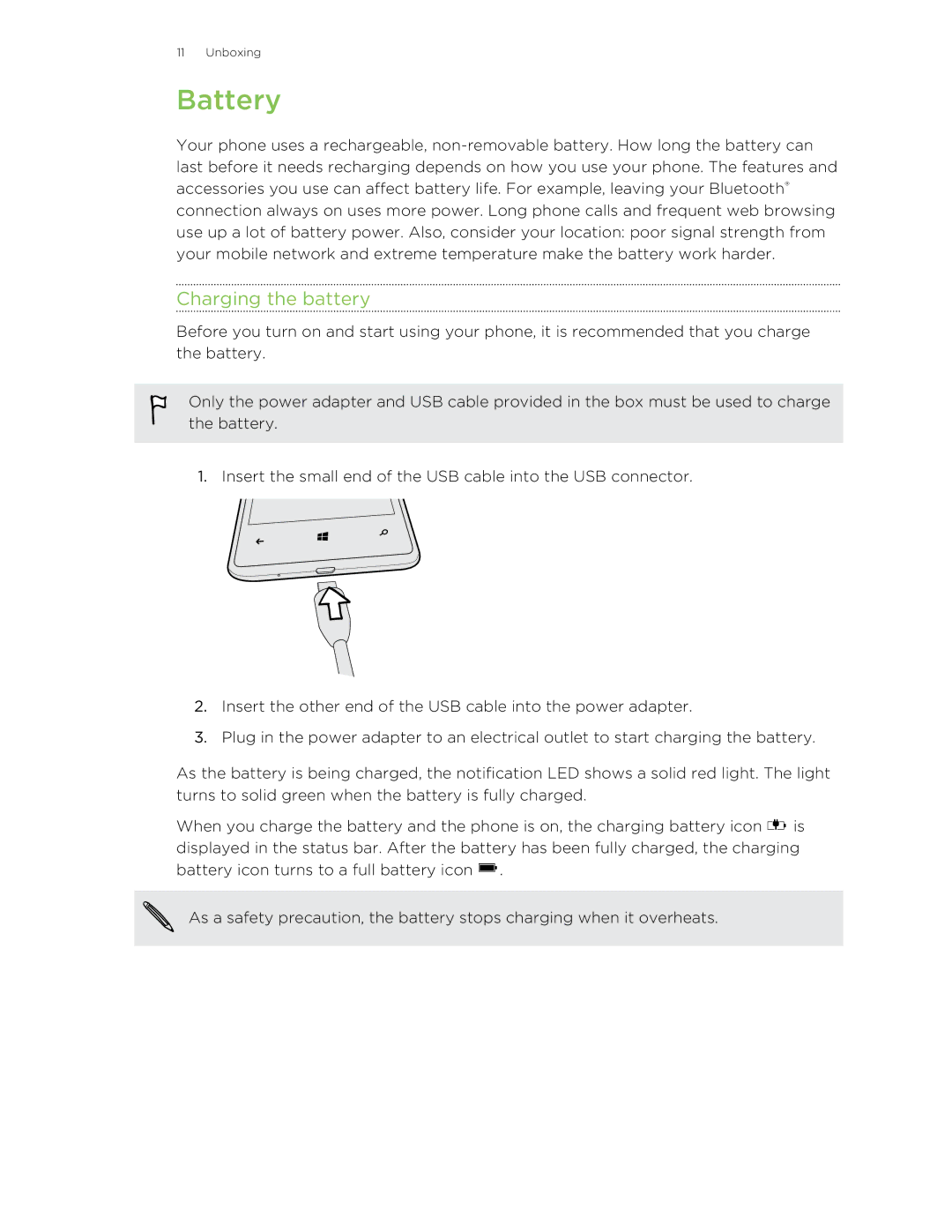 HTC 8X manual Battery, Charging the battery 