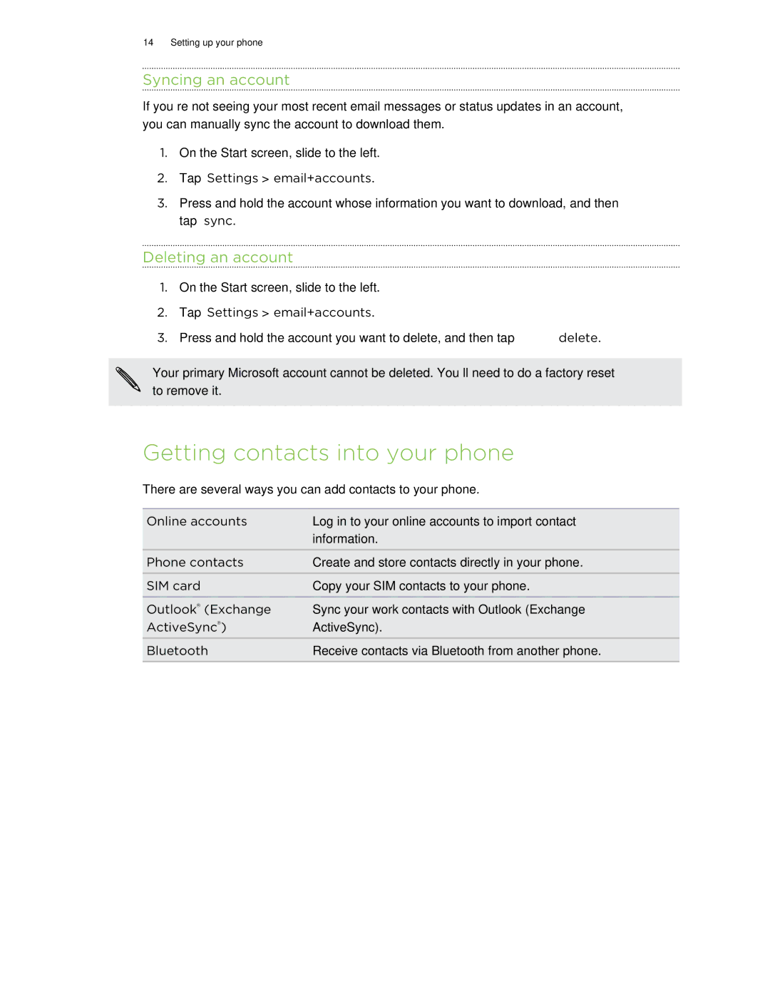 HTC 8X manual Getting contacts into your phone, Syncing an account, Deleting an account 