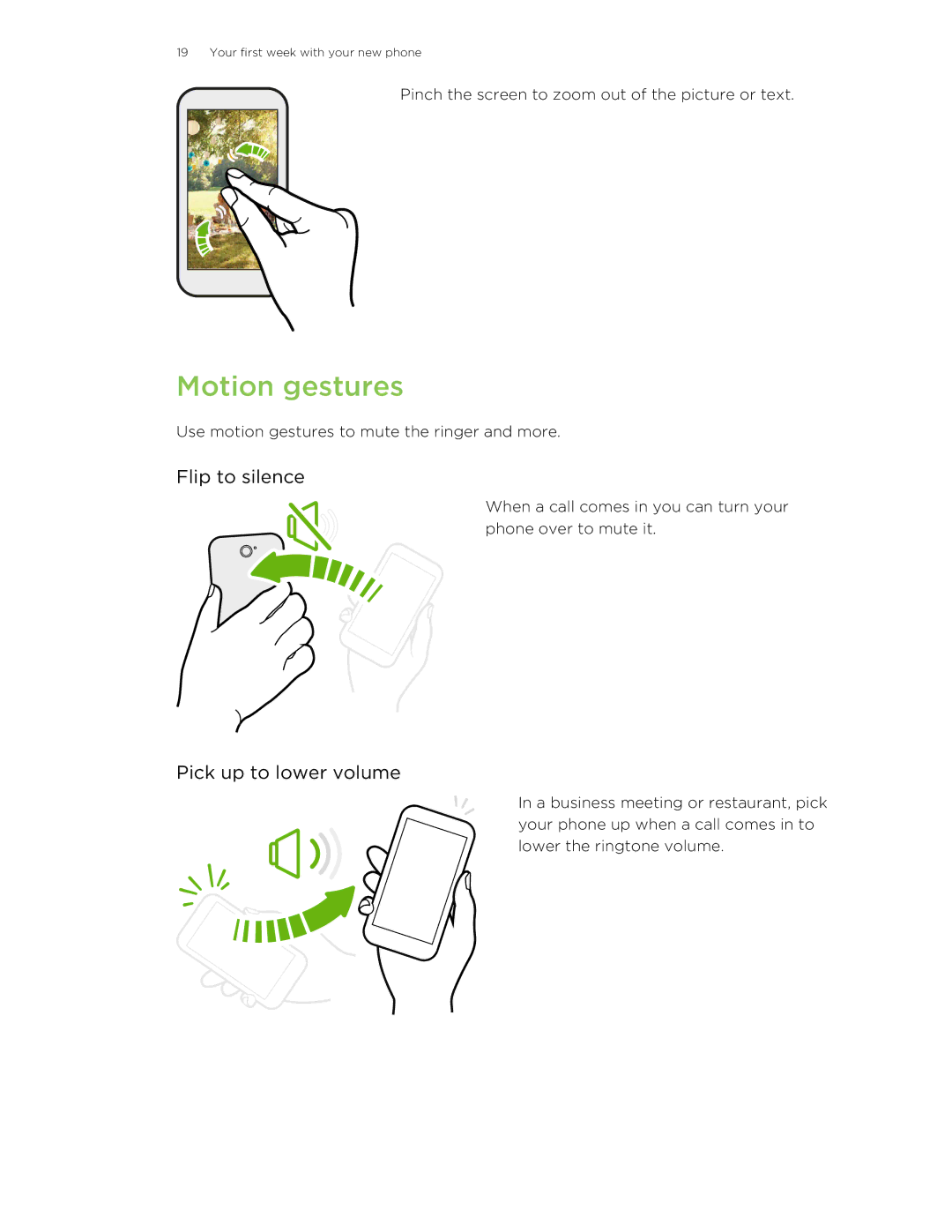 HTC 8X manual Motion gestures, Pick up to lower volume 