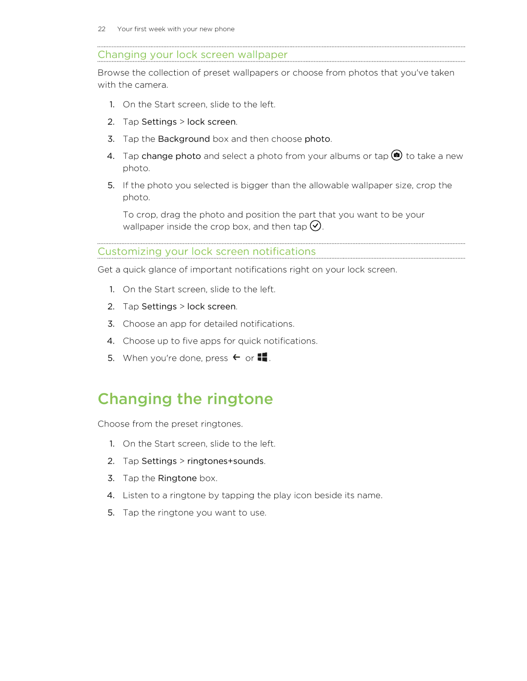 HTC 8X manual Changing the ringtone, Changing your lock screen wallpaper, Customizing your lock screen notifications 