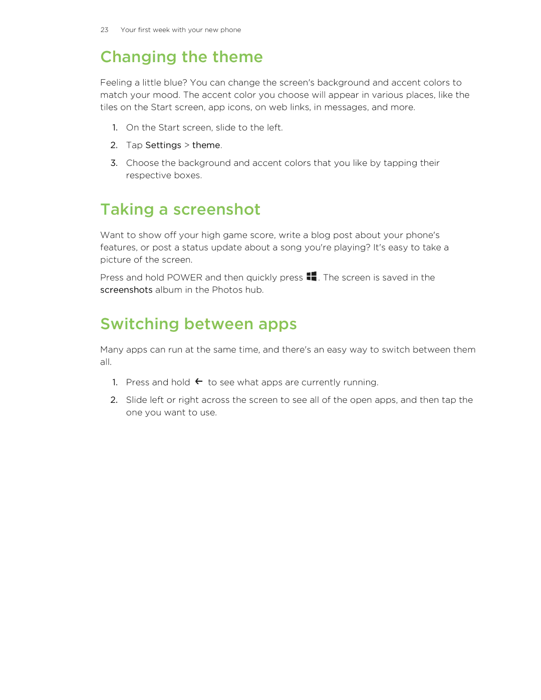 HTC 8X manual Changing the theme, Taking a screenshot, Switching between apps 