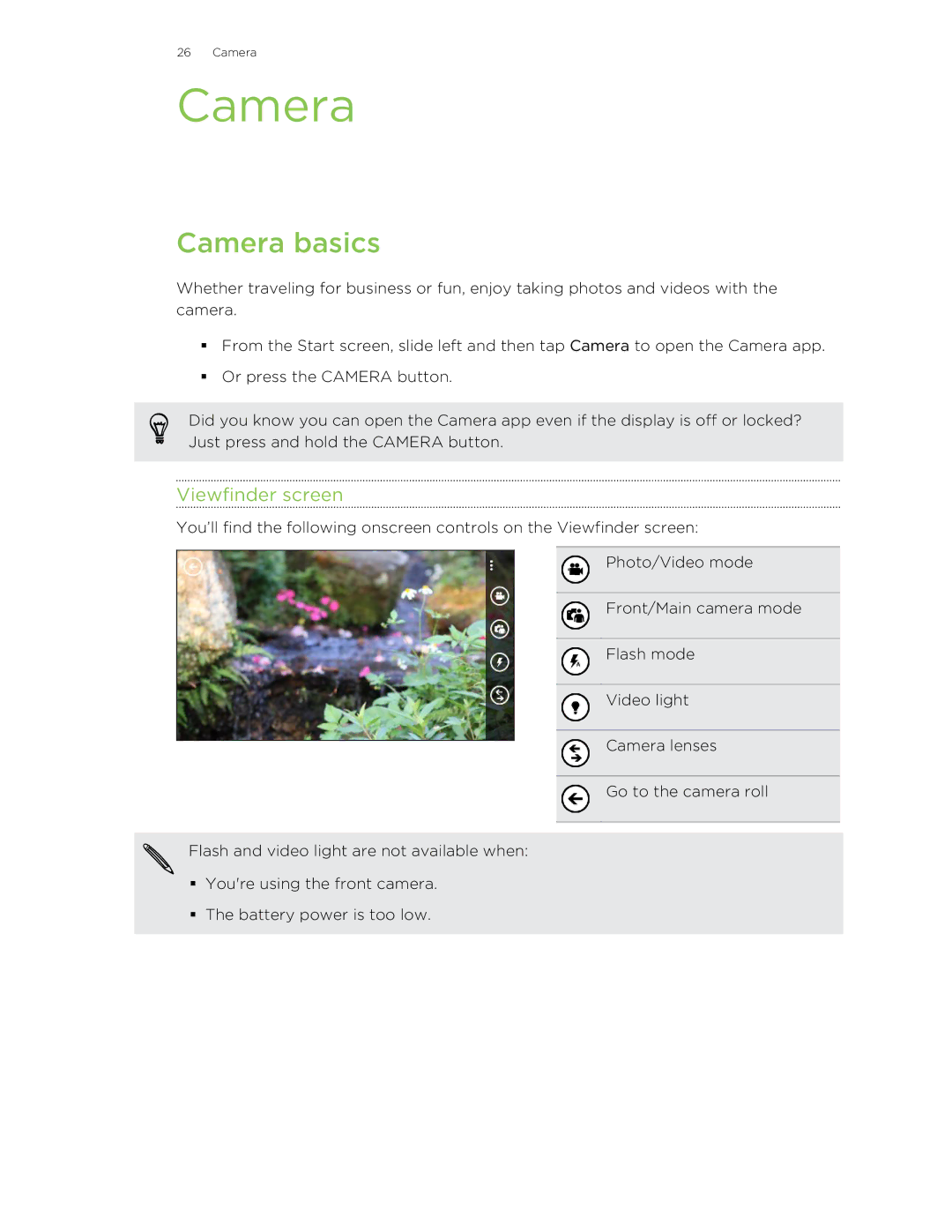 HTC 8X manual Camera basics, Viewfinder screen 