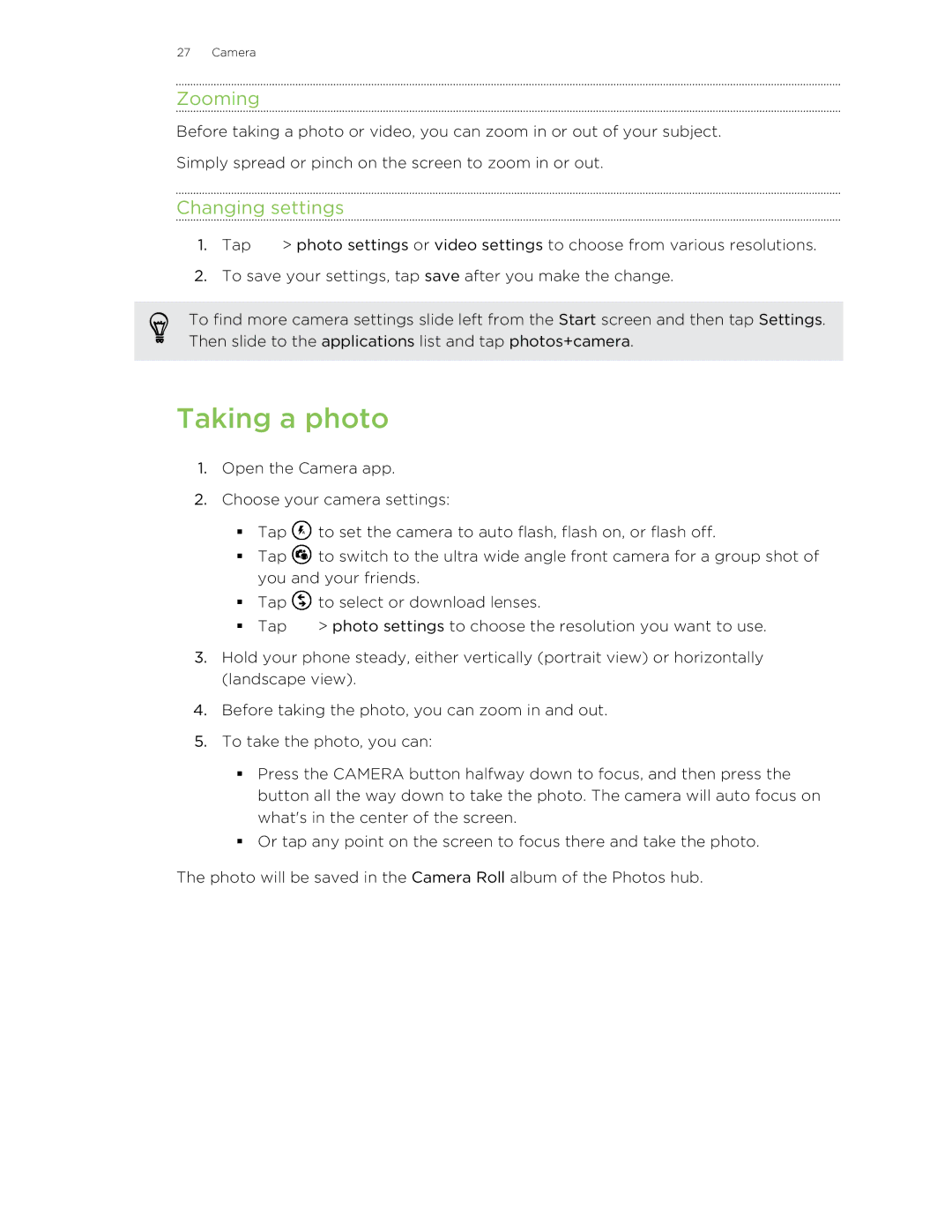 HTC 8X manual Taking a photo, Zooming, Changing settings 