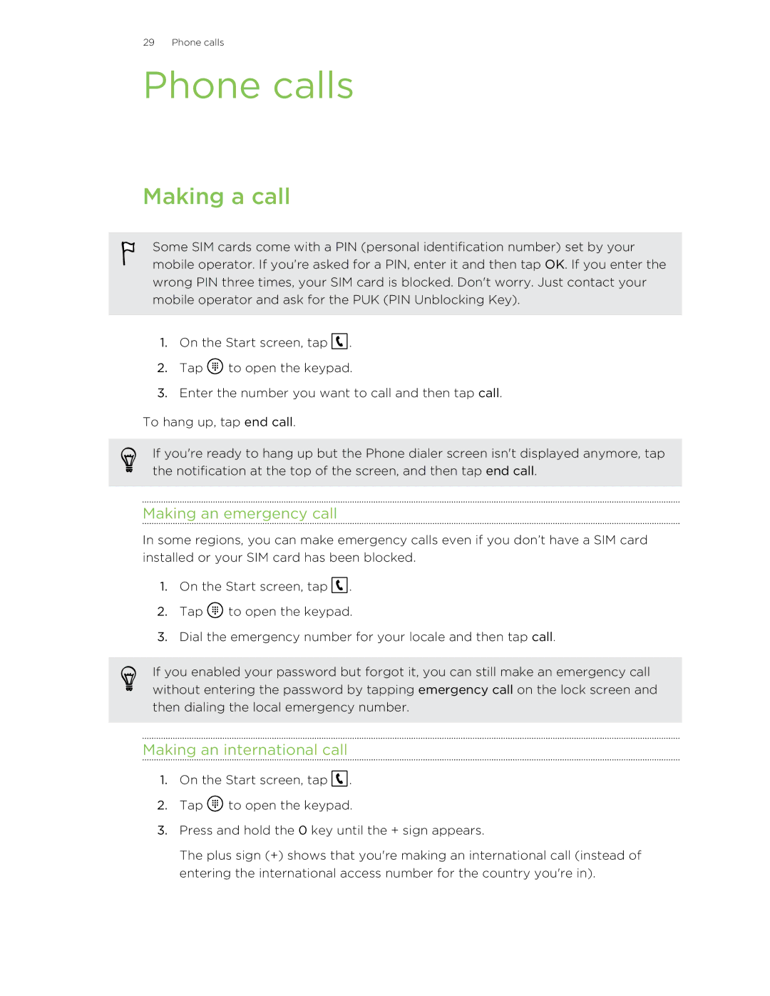 HTC 8X manual Phone calls, Making a call, Making an emergency call, Making an international call 