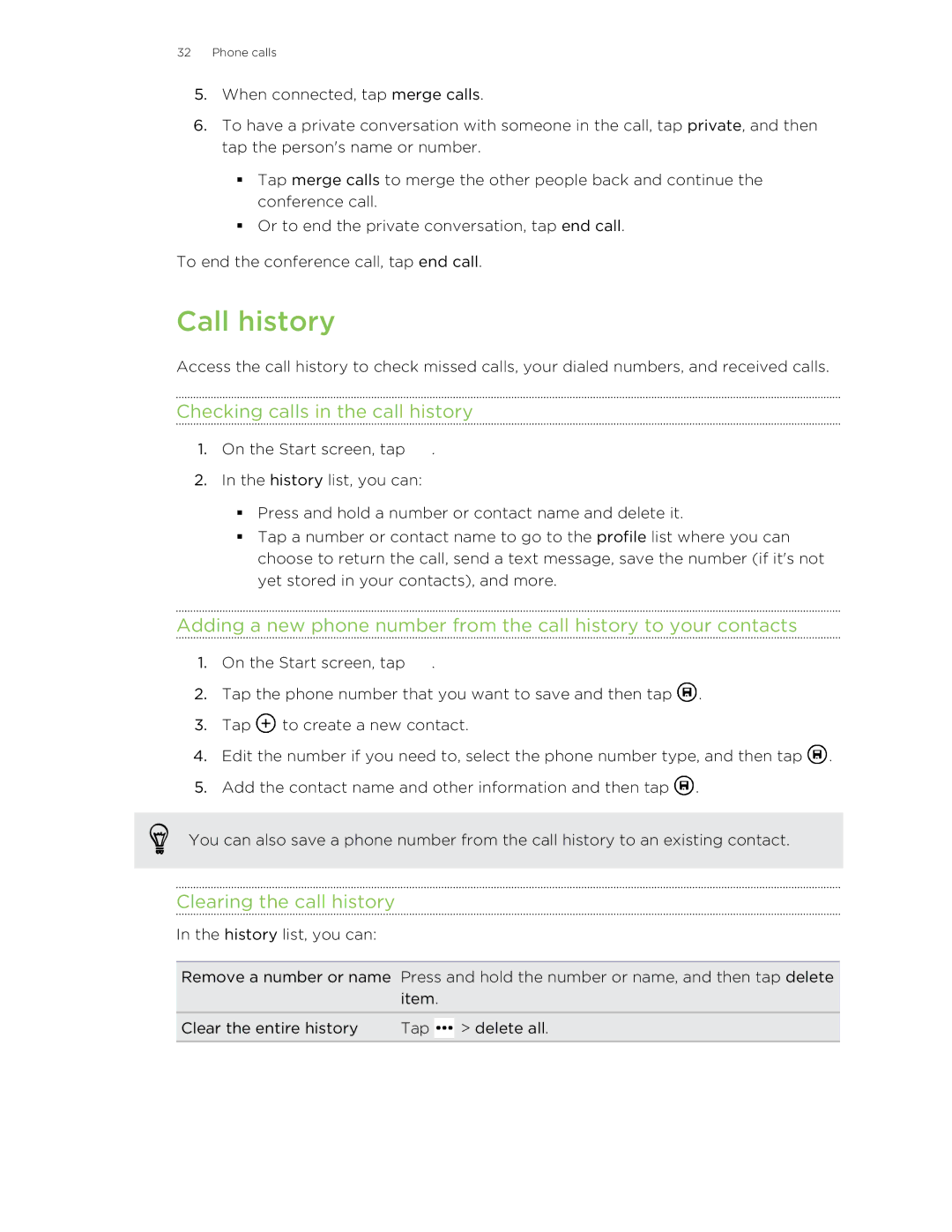 HTC 8X manual Call history, Checking calls in the call history, Clearing the call history 