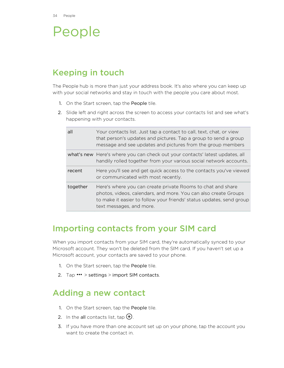 HTC 8X manual People, Keeping in touch, Importing contacts from your SIM card, Adding a new contact 