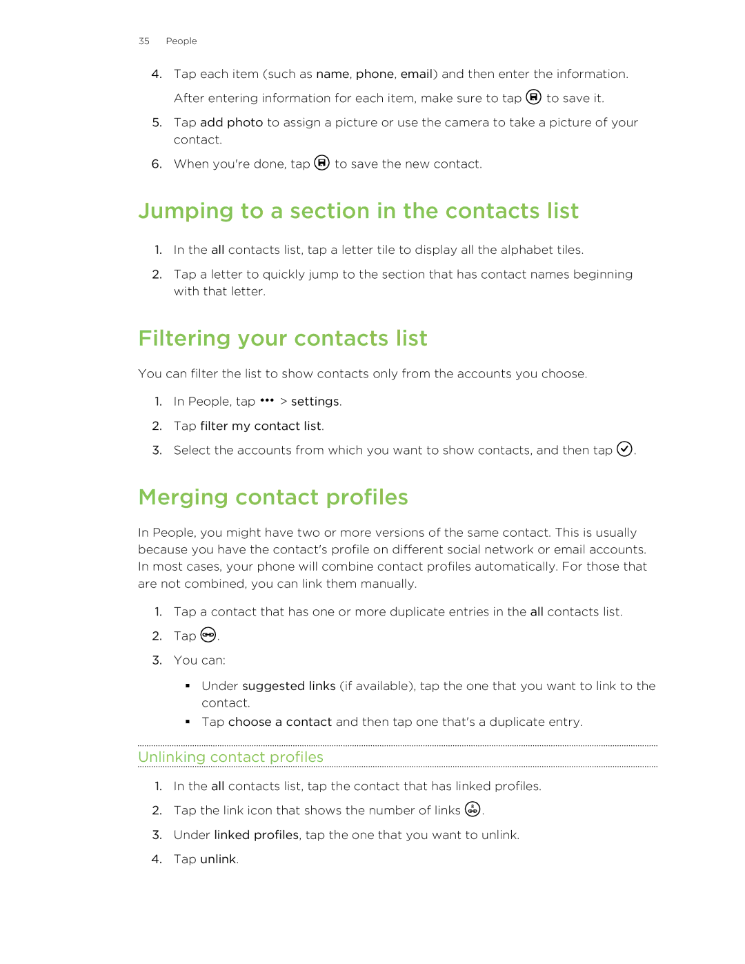 HTC 8X manual Jumping to a section in the contacts list, Filtering your contacts list, Merging contact profiles 