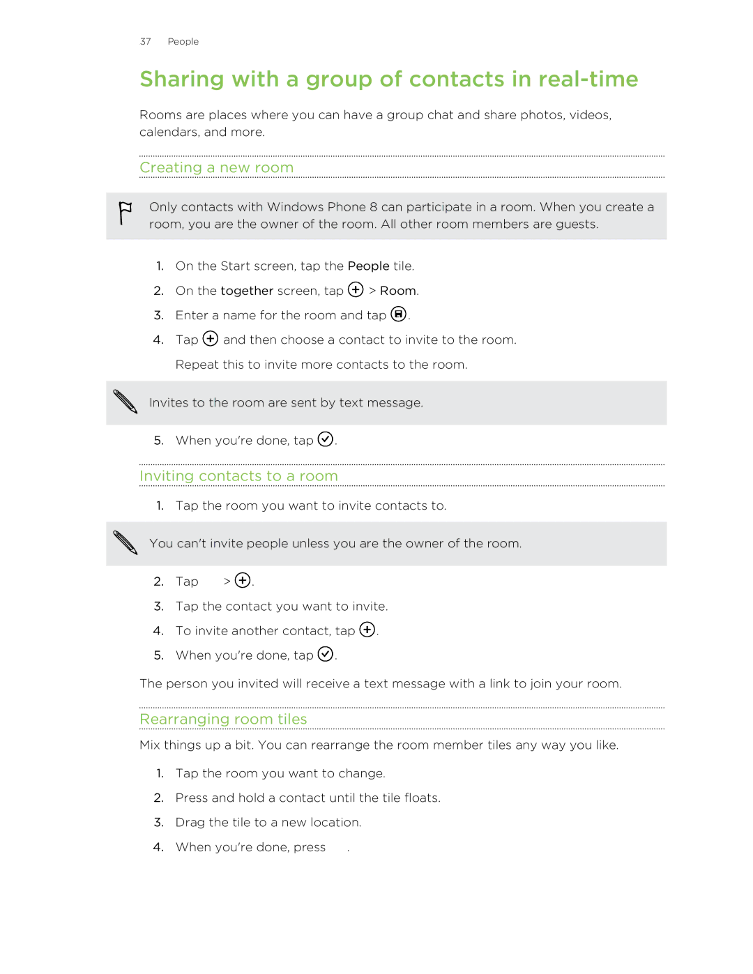 HTC 8X manual Sharing with a group of contacts in real-time, Creating a new room, Inviting contacts to a room 