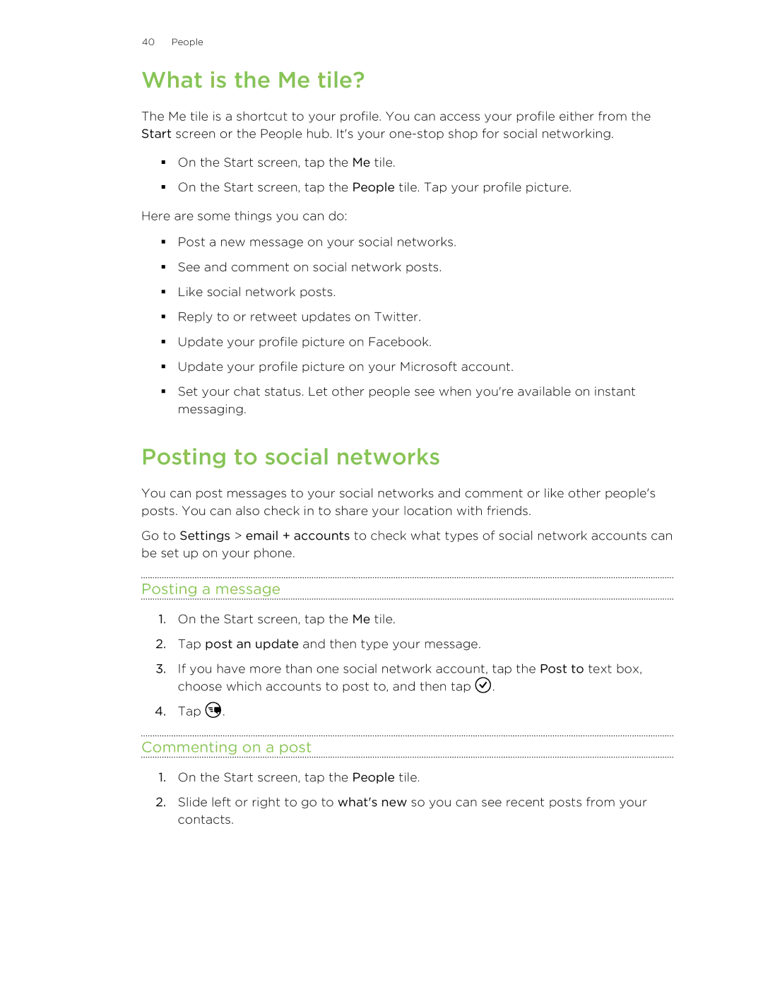 HTC 8X manual What is the Me tile?, Posting to social networks, Posting a message, Commenting on a post 