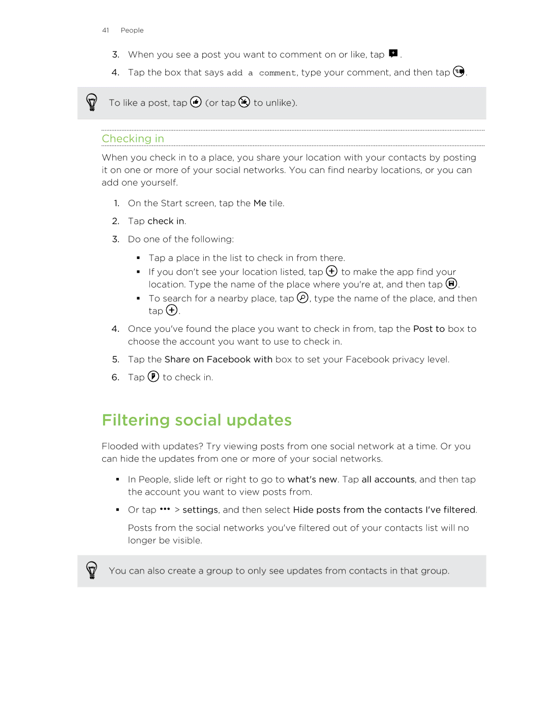 HTC 8X manual Filtering social updates, Checking 