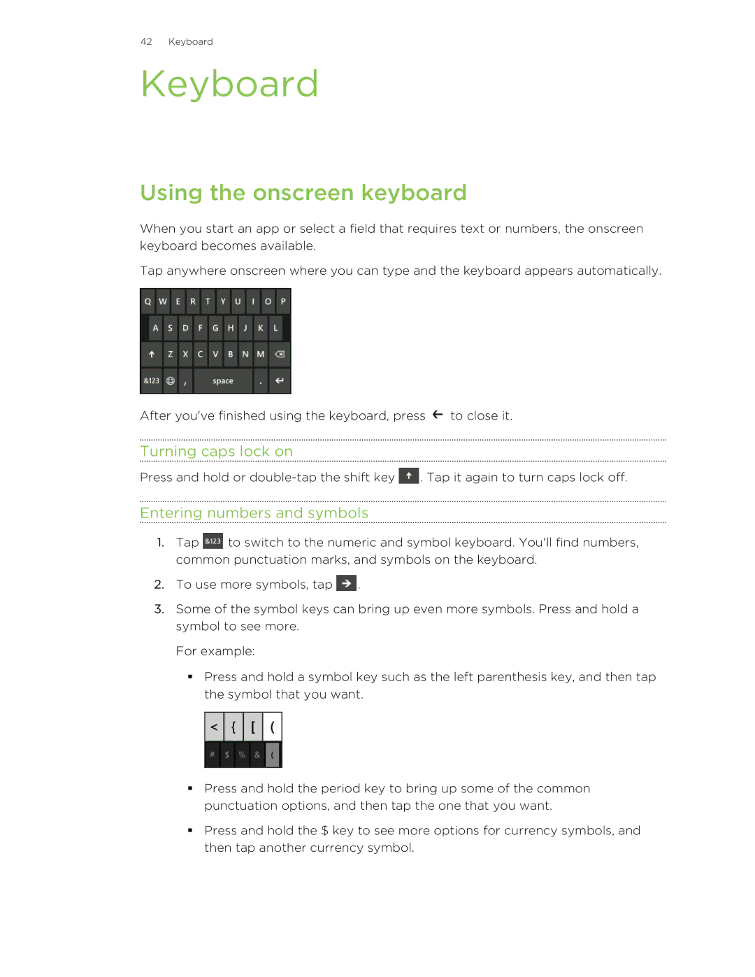 HTC 8X manual Keyboard, Using the onscreen keyboard, Turning caps lock on, Entering numbers and symbols 