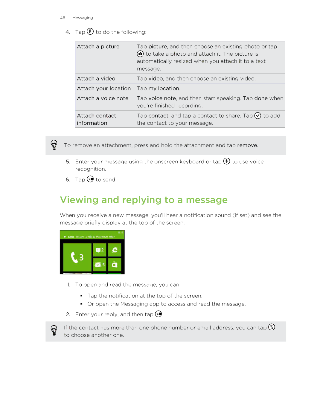 HTC 8X manual Viewing and replying to a message 