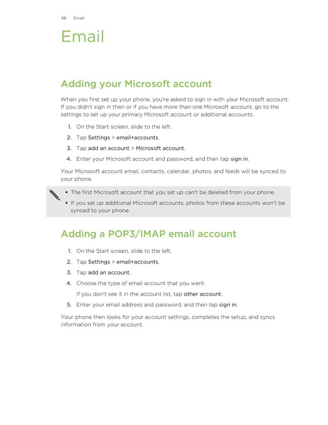 HTC 8X manual Adding your Microsoft account, Adding a POP3/IMAP email account 