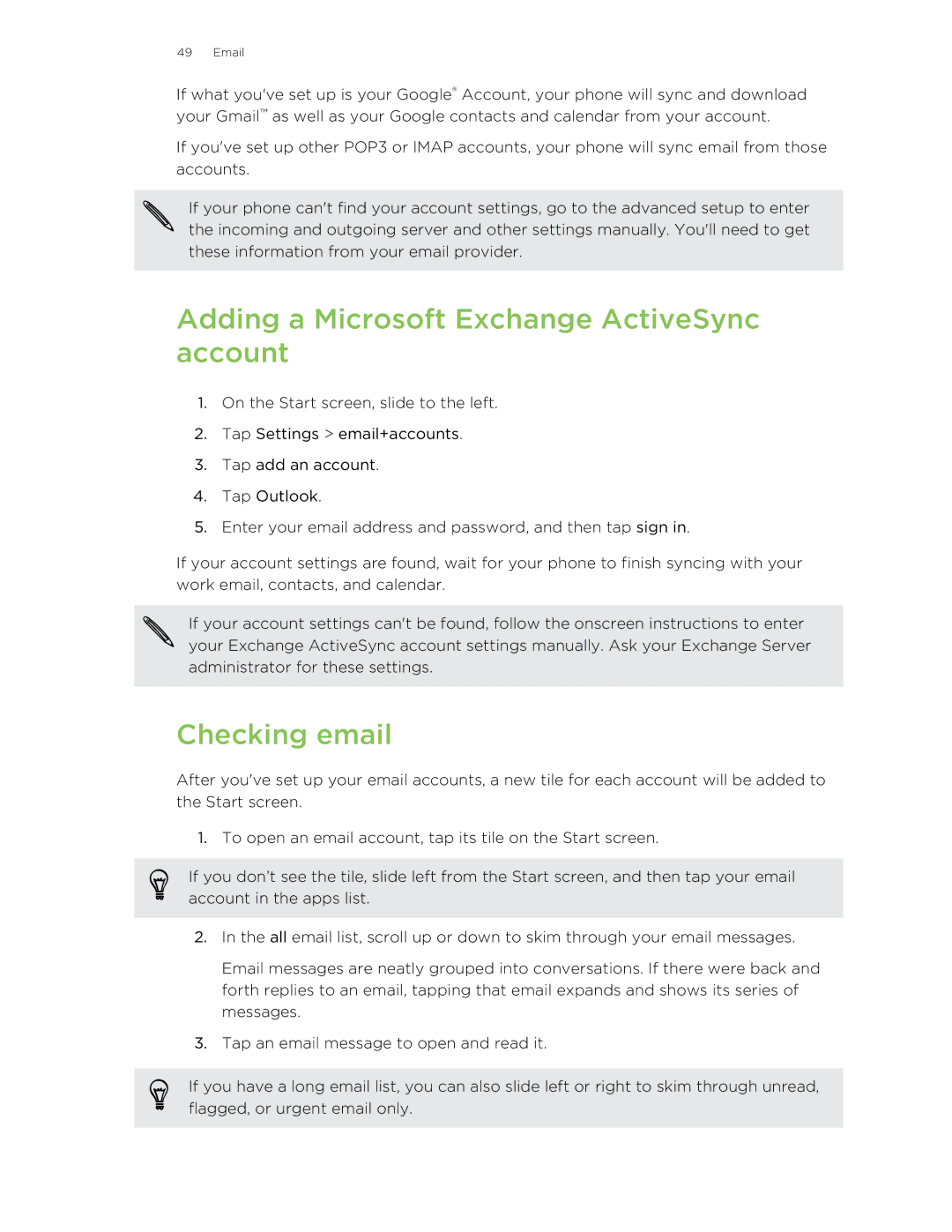 HTC 8X manual Adding a Microsoft Exchange ActiveSync account, Checking email 
