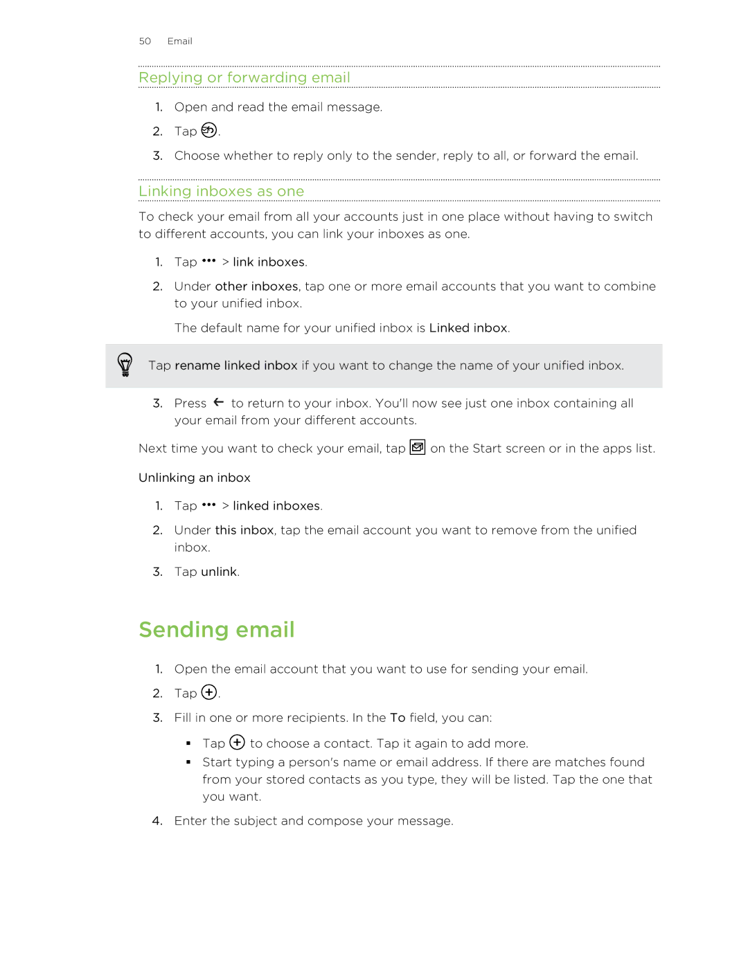 HTC 8X manual Sending email, Replying or forwarding email, Linking inboxes as one 