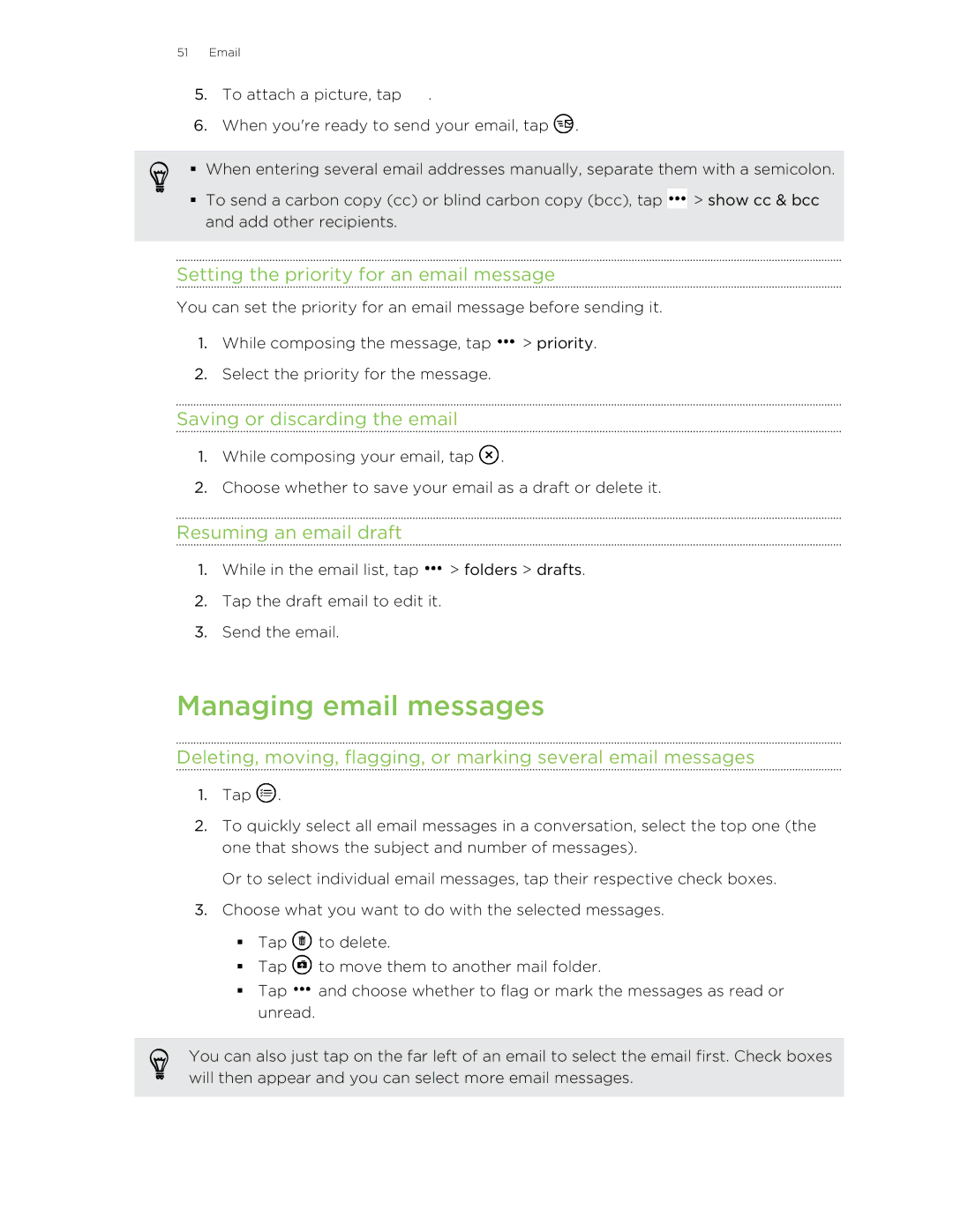 HTC 8X manual Managing email messages, Setting the priority for an email message, Saving or discarding the email 