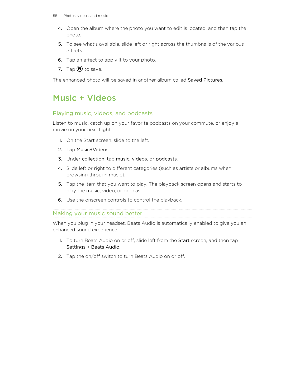 HTC 8X manual Music + Videos, Playing music, videos, and podcasts, Making your music sound better 