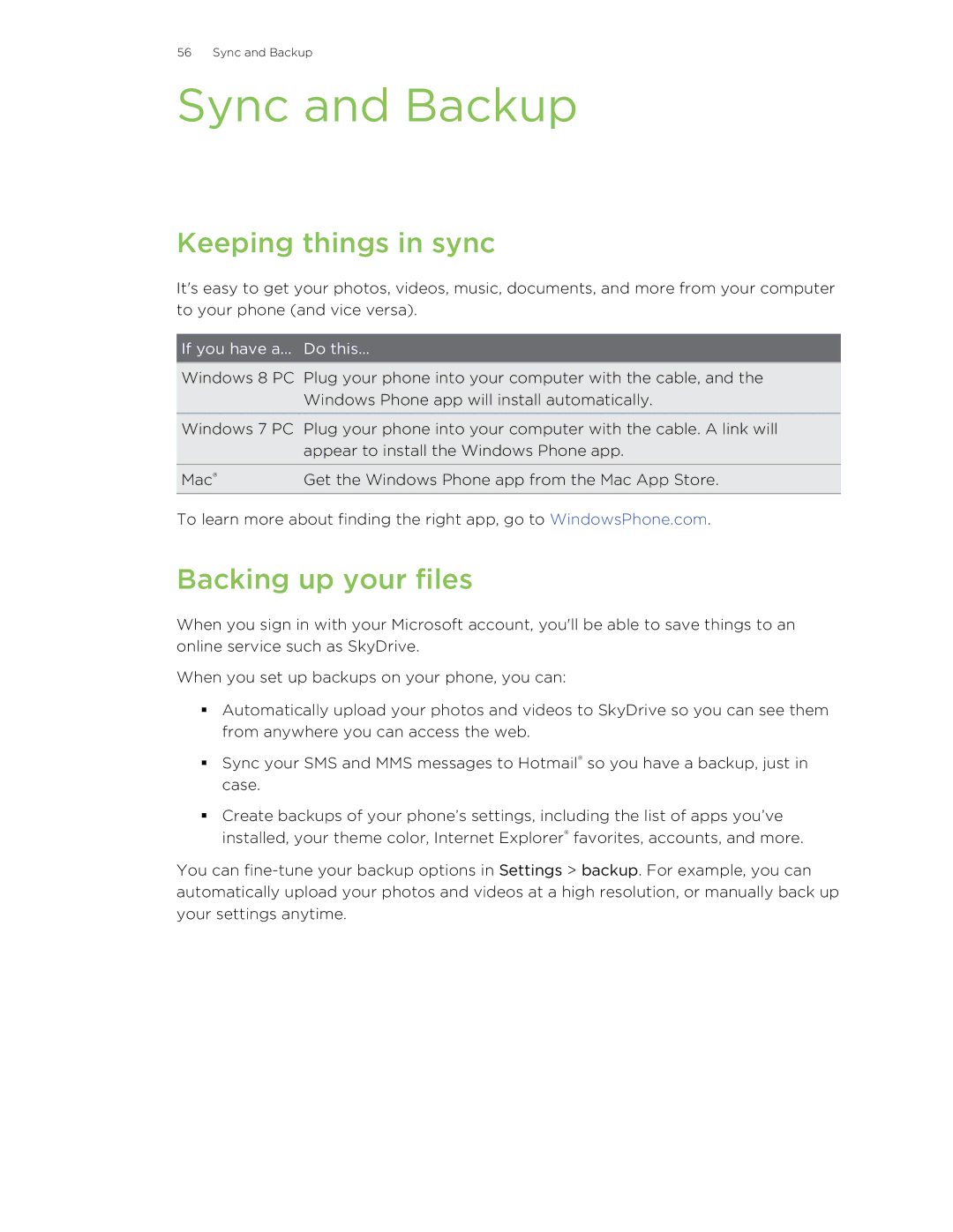 HTC 8X manual Sync and Backup, Keeping things in sync, Backing up your files 