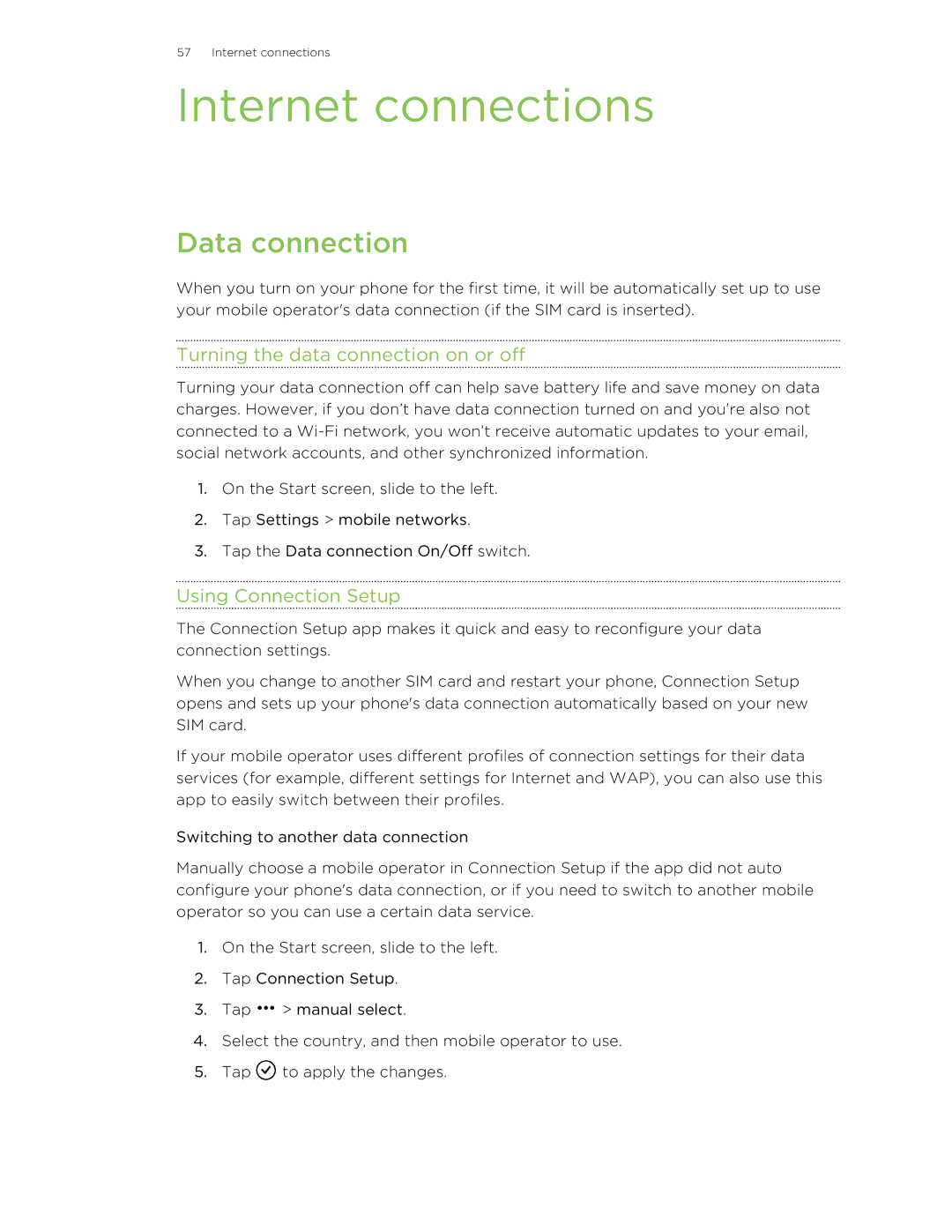 HTC 8X manual Internet connections, Data connection, Turning the data connection on or off, Using Connection Setup 
