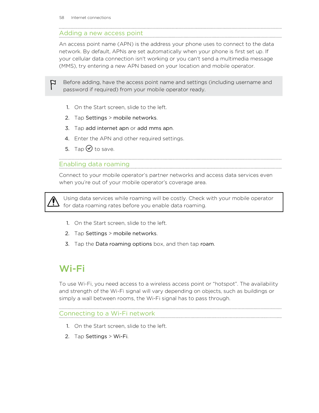 HTC 8X manual Adding a new access point, Enabling data roaming, Connecting to a Wi-Fi network 