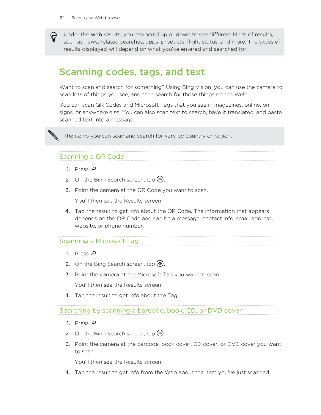 HTC 8X manual Scanning codes, tags, and text, Scanning a QR Code, Scanning a Microsoft Tag 