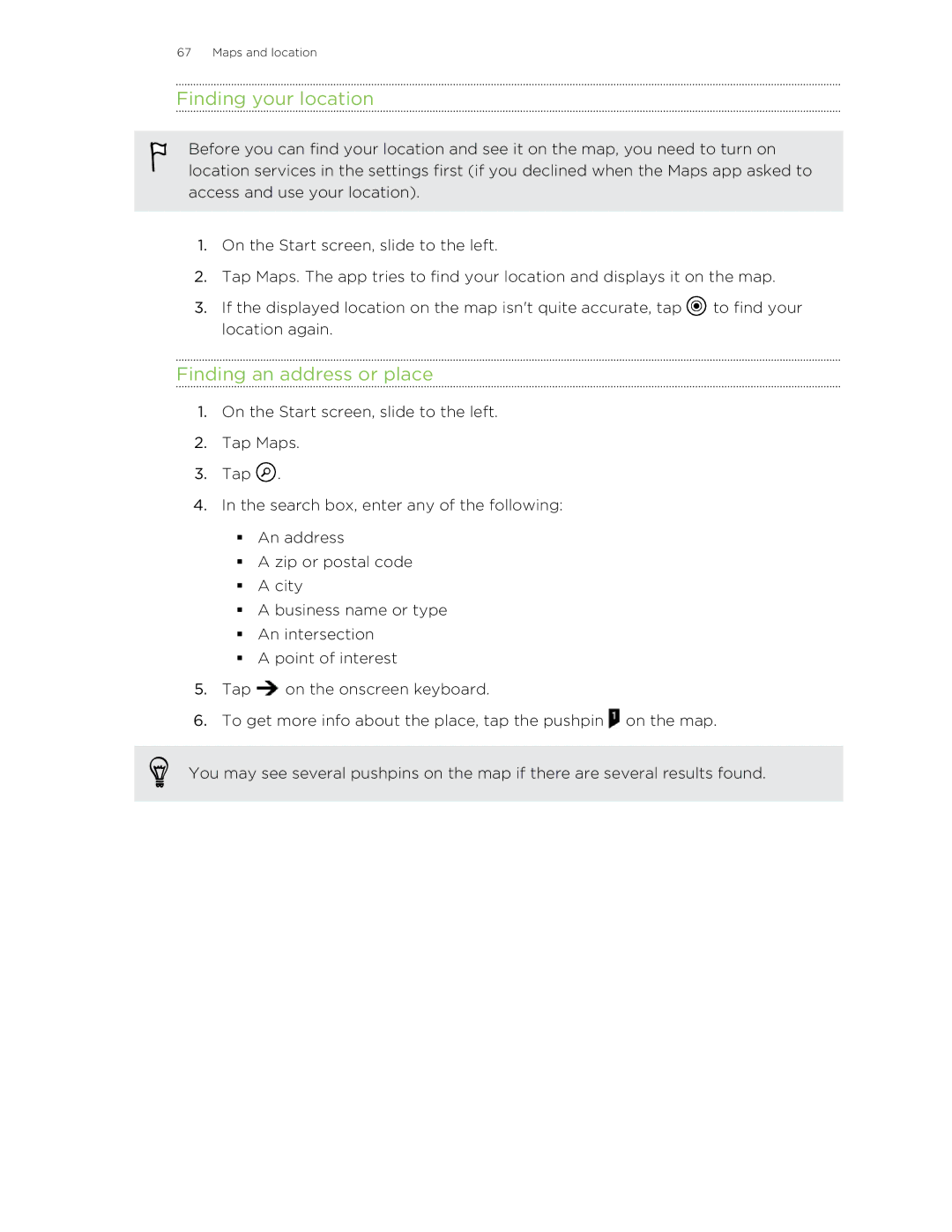 HTC 8X manual Finding your location, Finding an address or place 