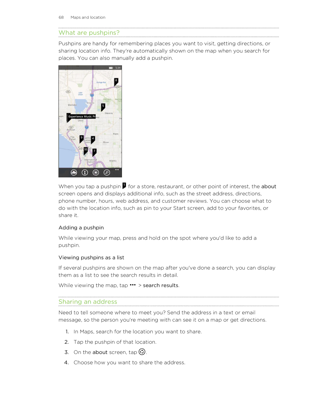 HTC 8X manual What are pushpins?, Sharing an address 