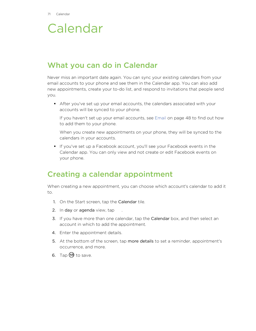 HTC 8X manual What you can do in Calendar, Creating a calendar appointment 