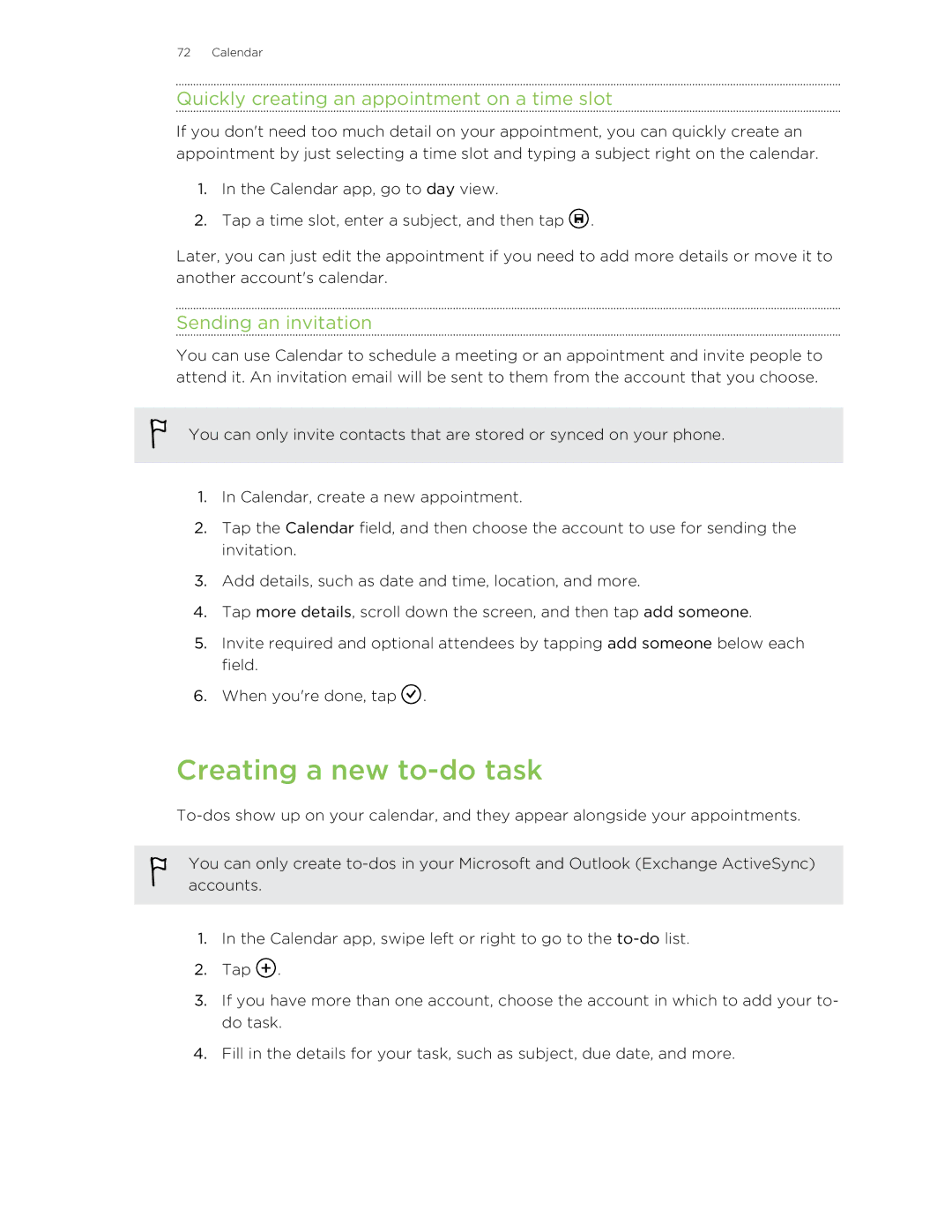 HTC 8X manual Creating a new to-do task, Quickly creating an appointment on a time slot, Sending an invitation 