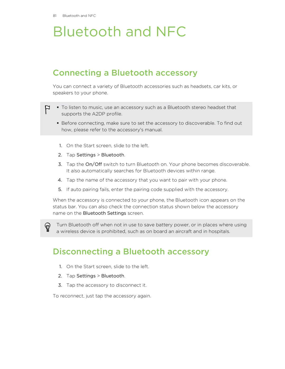 HTC 8X manual Bluetooth and NFC, Connecting a Bluetooth accessory, Disconnecting a Bluetooth accessory 