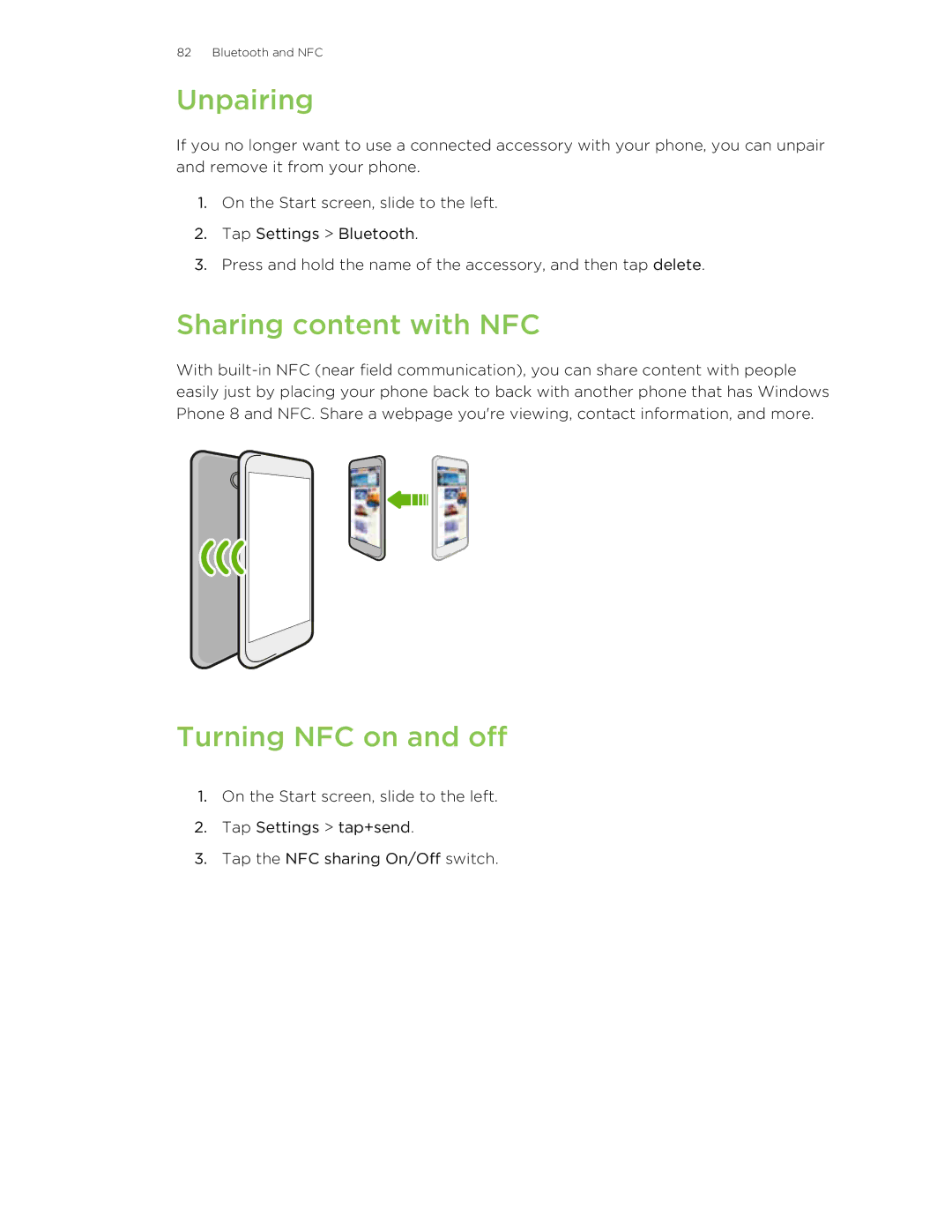 HTC 8X manual Unpairing, Sharing content with NFC, Turning NFC on and off 