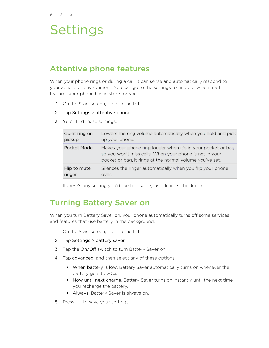 HTC 8X manual Settings, Attentive phone features, Turning Battery Saver on 
