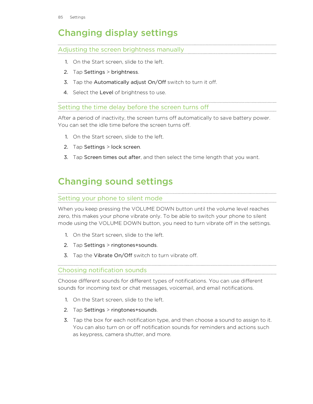 HTC 8X manual Changing display settings, Changing sound settings 