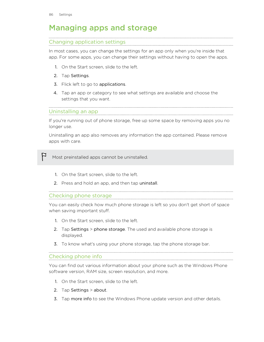 HTC 8X manual Managing apps and storage, Changing application settings, Uninstalling an app, Checking phone storage 