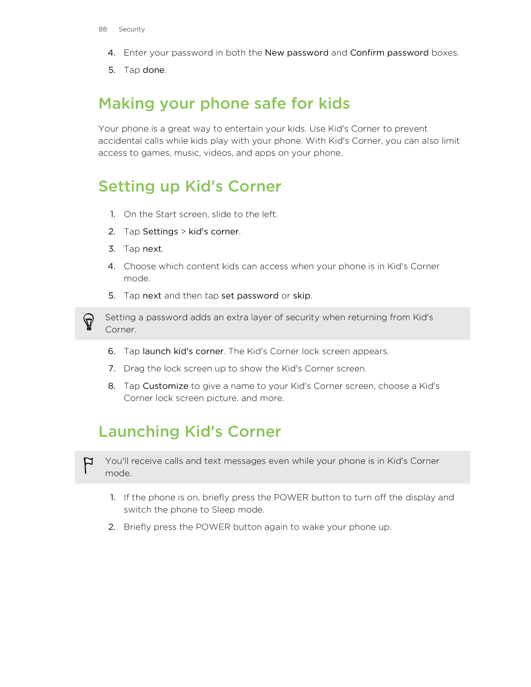 HTC 8X manual Making your phone safe for kids, Setting up Kids Corner, Launching Kids Corner 