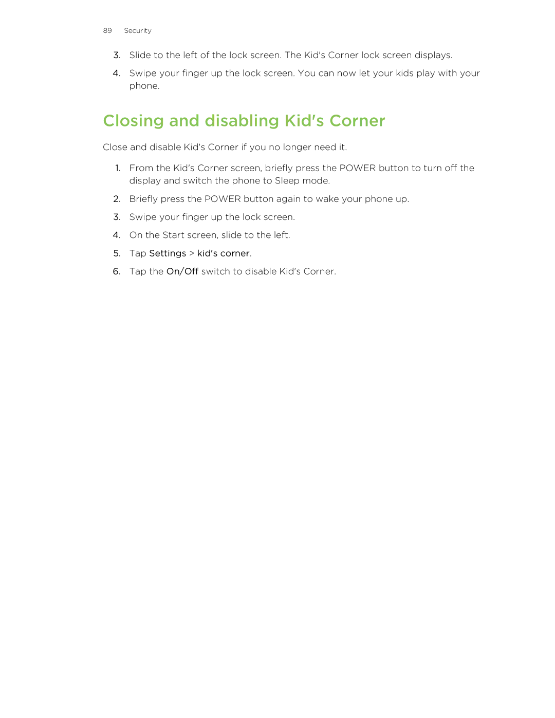 HTC 8X manual Closing and disabling Kids Corner 