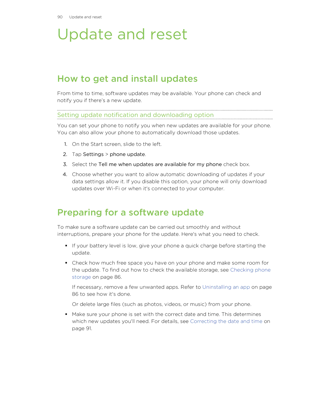 HTC 8X manual Update and reset, How to get and install updates, Preparing for a software update 