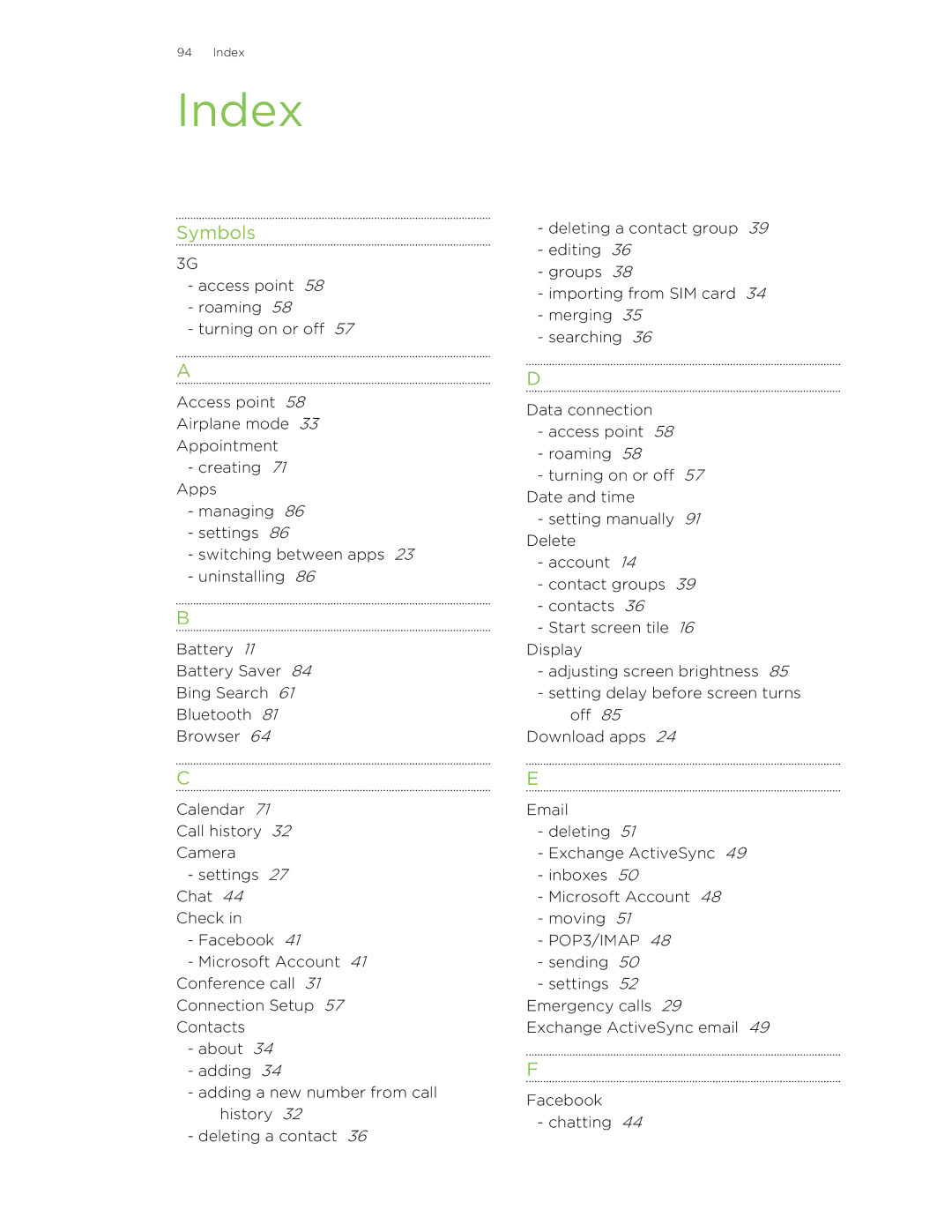 HTC 8X manual Index, Symbols 