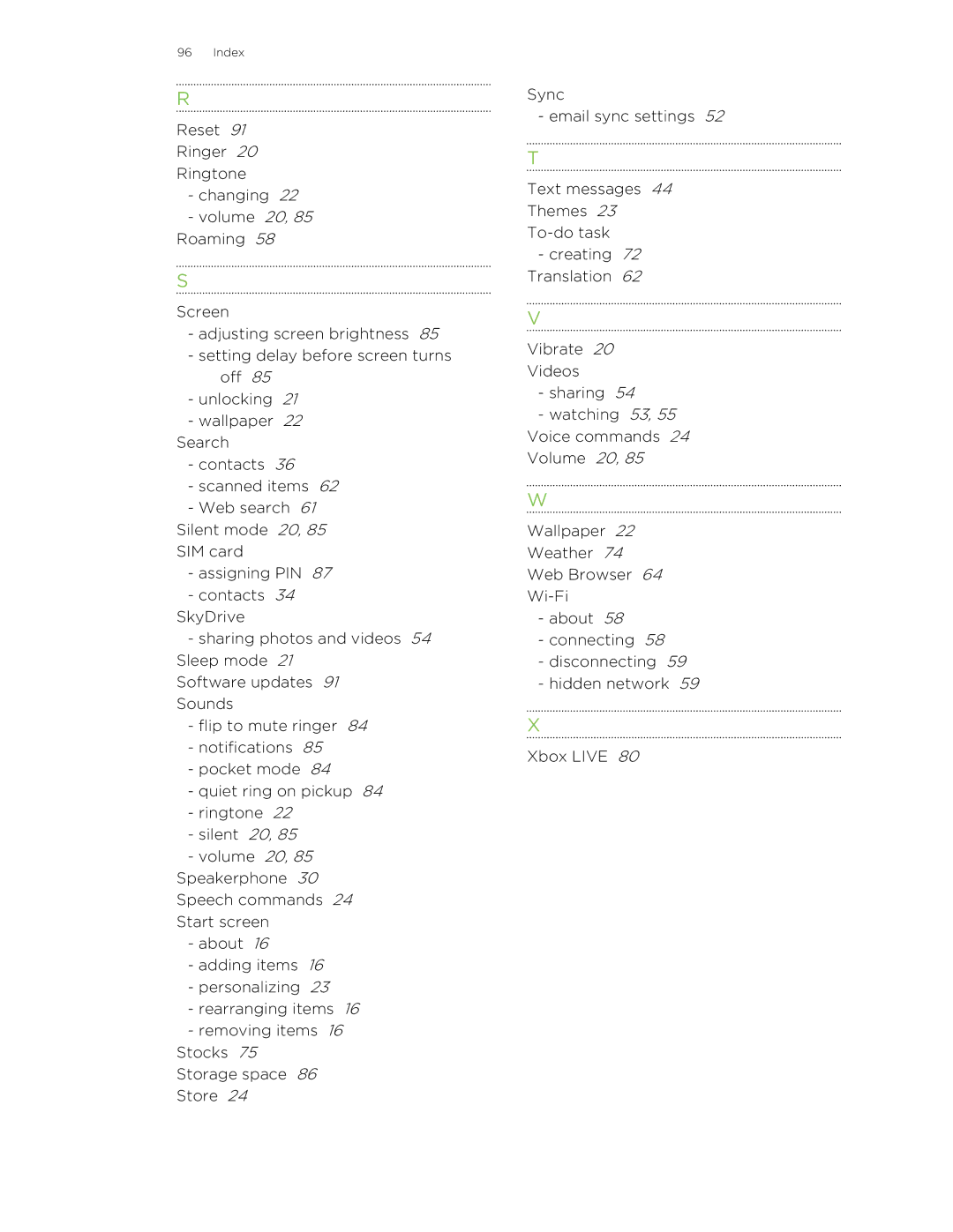 HTC 8X manual Index 