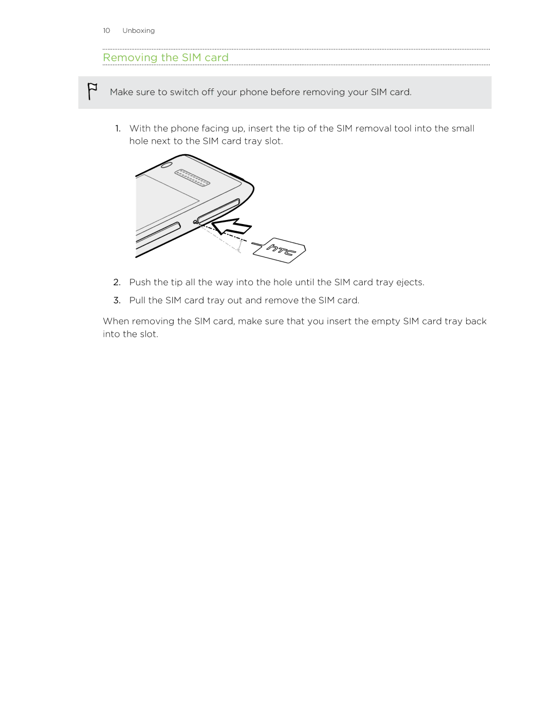 HTC 8X manual Removing the SIM card 