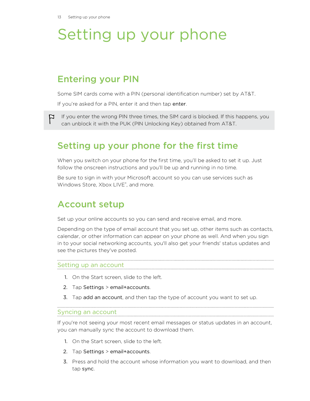 HTC 8X manual Entering your PIN, Setting up your phone for the first time, Account setup 