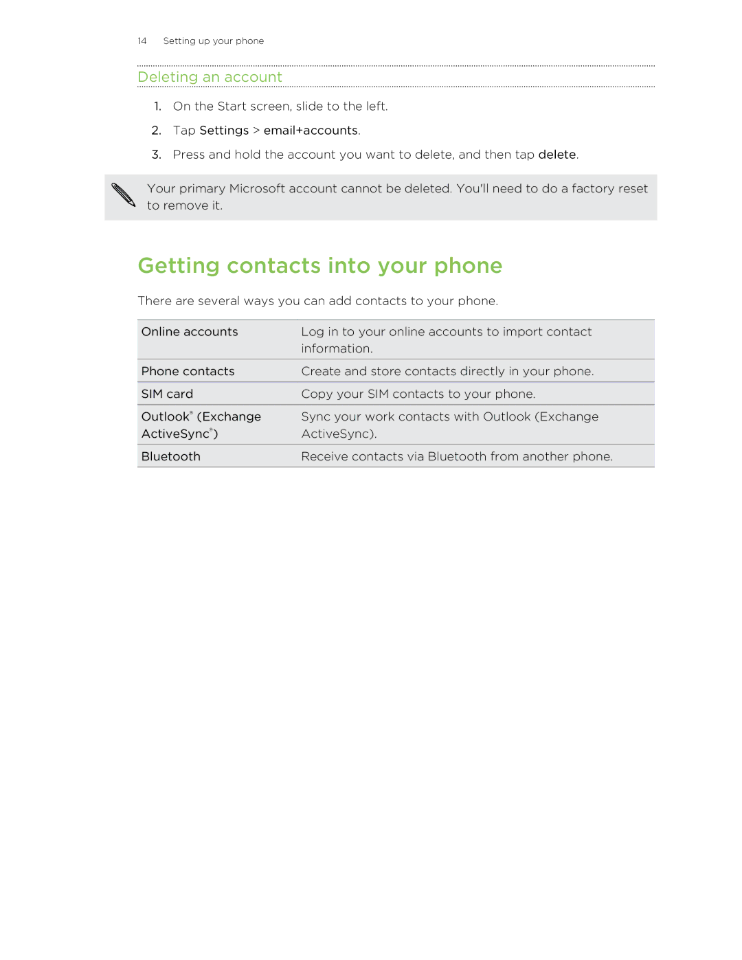 HTC 8X manual Getting contacts into your phone, Deleting an account 