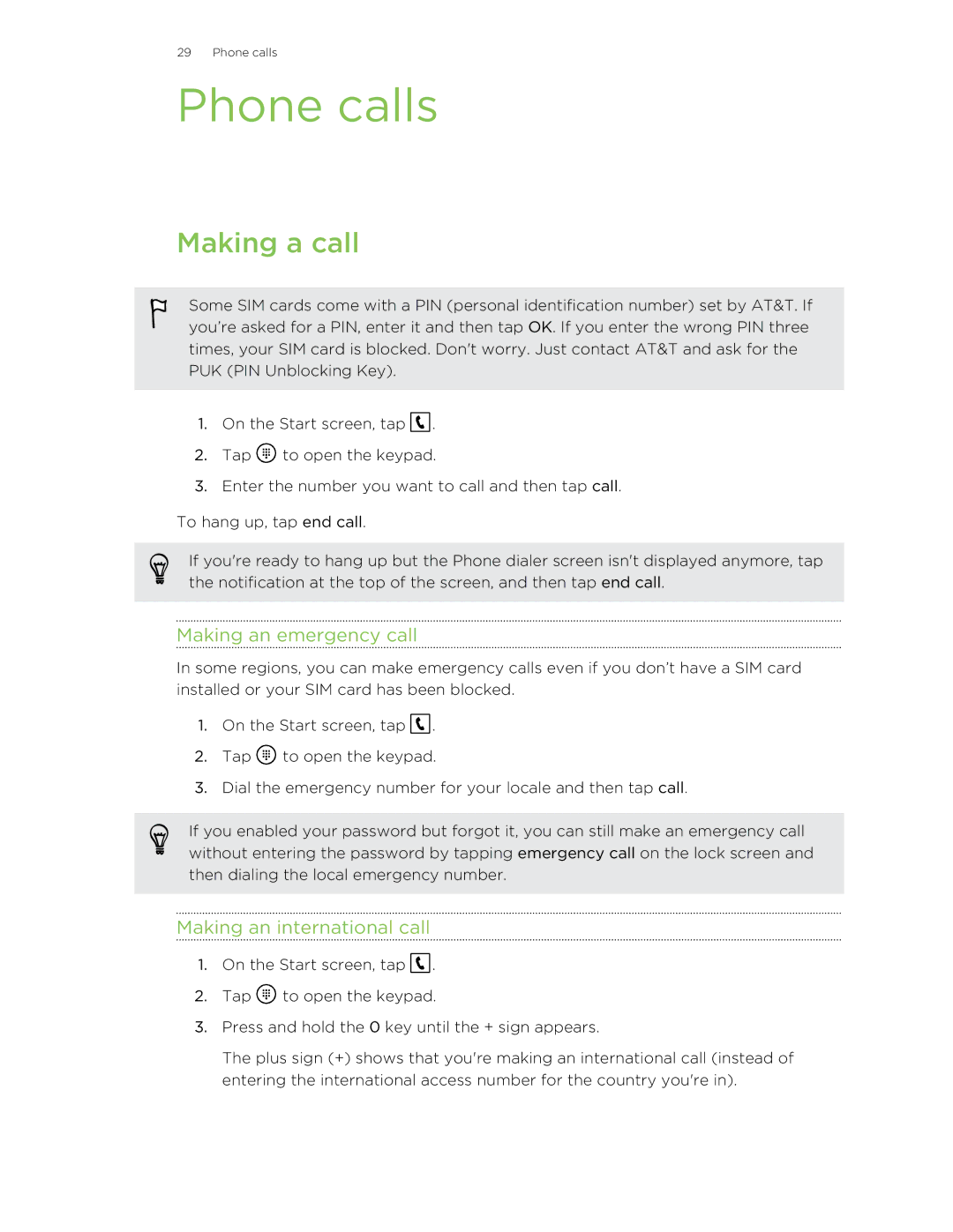 HTC 8X manual Phone calls, Making a call, Making an emergency call, Making an international call 