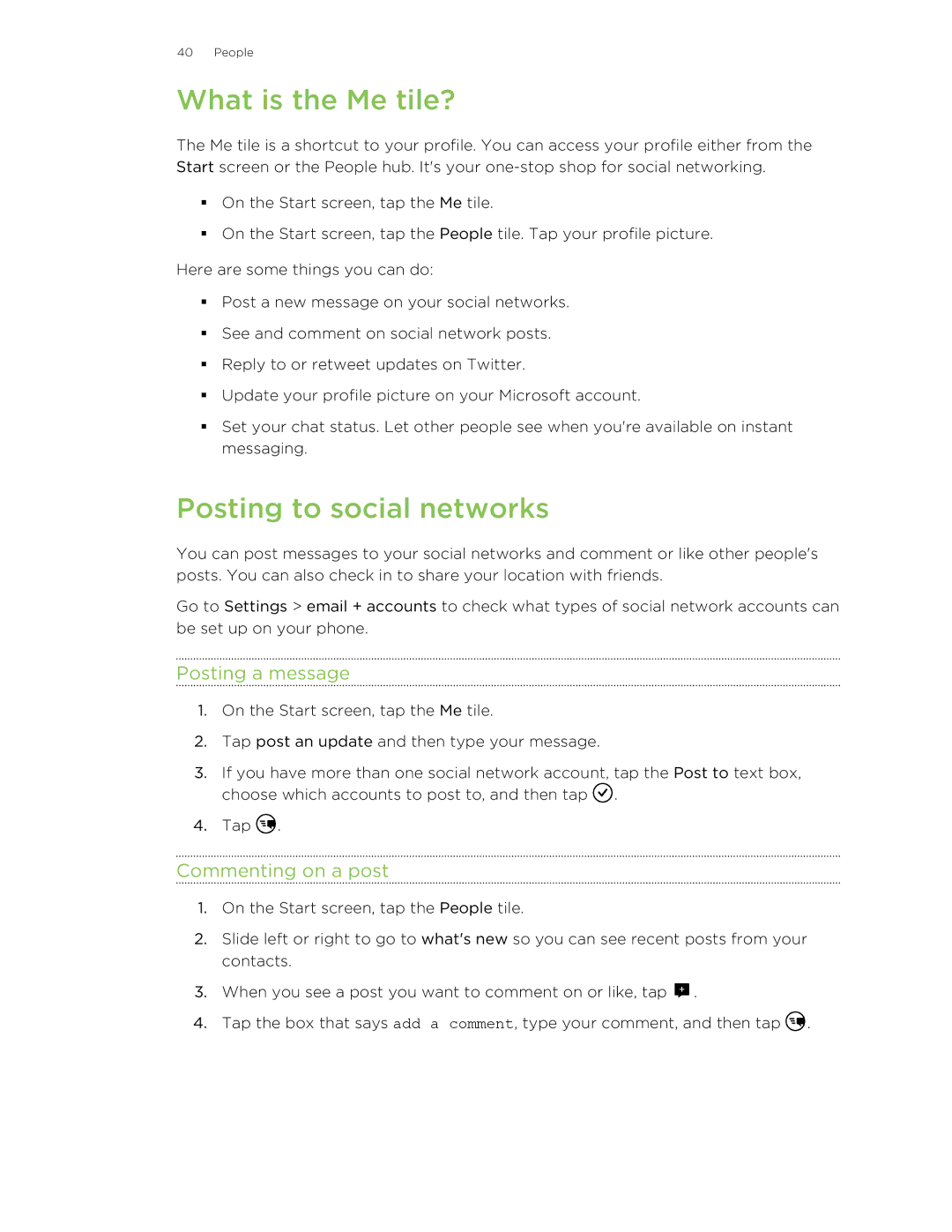HTC 8X manual What is the Me tile?, Posting to social networks, Posting a message, Commenting on a post 