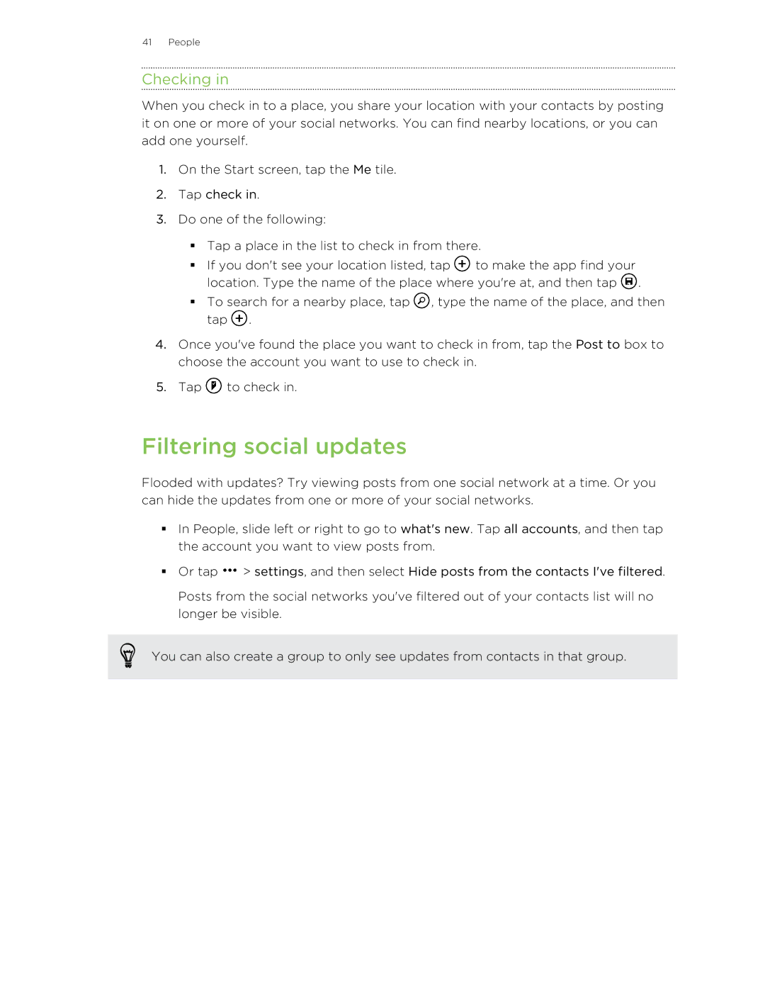 HTC 8X manual Filtering social updates, Checking 