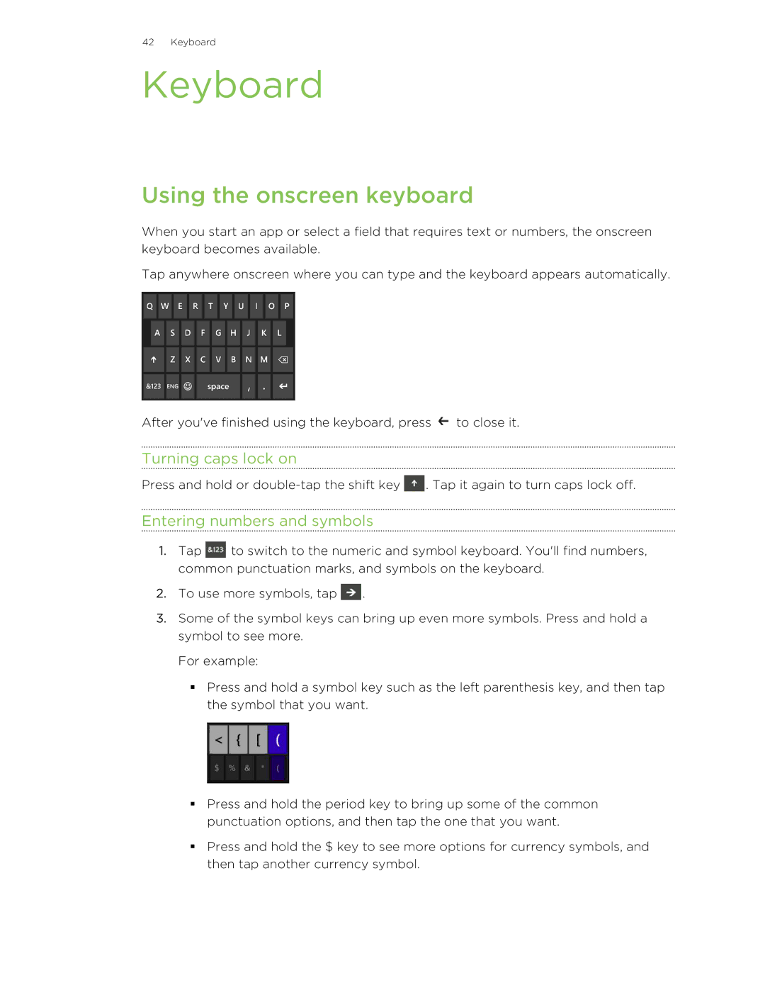 HTC 8X manual Keyboard, Using the onscreen keyboard, Turning caps lock on, Entering numbers and symbols 